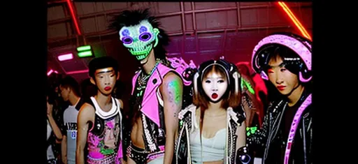 Prompt: 80’s 90s alien monster Asian  raver teens in futuristic technology high fashion warehouse arcade rave party skating club monster high tech robot crowd 