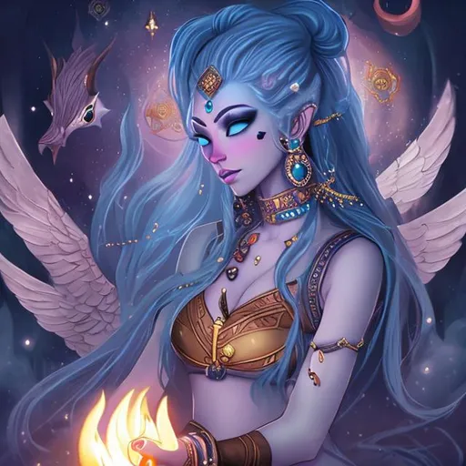 Prompt: Female blue skinned djinn, black haired, kneeling, well endowed, topknot granting , wishes drawn , fantasy style, clothed