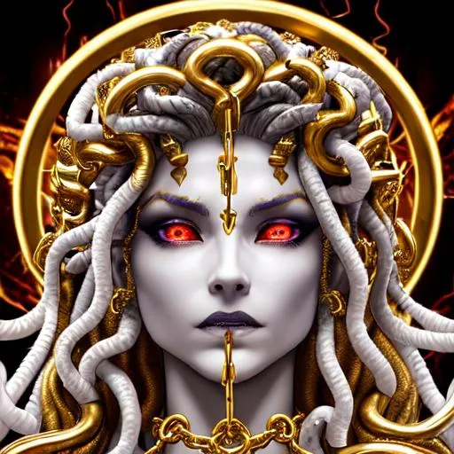 Prompt: Medusa, Gold, Halfgod, Demigod, stars, Heaven, female, curly, fade, buffed, Lifegiver, beautiful, white, hyper realistic, bright, gold, god-like figure, royal, Chained, Unchained, Glowing eyes, Lucifer, Super detailed, Blood red sky, Devilish figure, dark, evil, gray, bloody, blood rain,