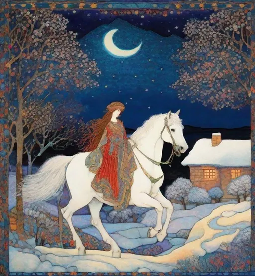 Prompt: Inlay Aubusson tapestry: a winter enchanted beautiful princess and her white horse, a whimsical village landscape background under a beautiful twilight night sky art by Jane Small, Edmund Dulac, Iris Scott, John Lowrie Morrison, Pat Steir, Thomas Edwin Mostyn, Barbara Takenaga, John Piper, Abanindranath Tagore, John Bauer. 3/4 portrait, beautiful pastel aquarelle colours, crispy quality, cinematic smooth, polished finish, high quality, very clear resolution, blue, gold and rose tones, metallic glow