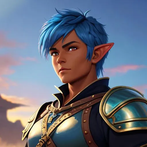 Prompt: oil painting, D&D fantasy, tanned-skinned-gnome man, tanned-skinned-male, short, short bright brown and blue hair, cropped hair, ready for battle, pointed ears, looking at the viewer, warrior wearing intricate armor outfit, #3238, UHD, hd , 8k eyes, detailed face, big anime dreamy eyes, 8k eyes, intricate details, insanely detailed, masterpiece, cinematic lighting, 8k, complementary colors, golden ratio, octane render, volumetric lighting, unreal 5, artwork, concept art, cover, top model, light on hair colorful glamourous hyperdetailed medieval city background, intricate hyperdetailed breathtaking colorful glamorous scenic view landscape, ultra-fine details, hyper-focused, deep colors, dramatic lighting, ambient lighting god rays, flowers, garden | by sakimi chan, artgerm, wlop, pixiv, tumblr, instagram, deviantart