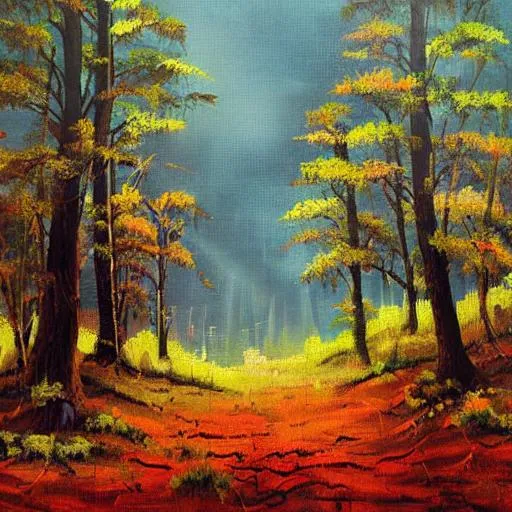 Prompt: morning dramatic landscape forest painting




