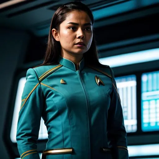 Prompt: Sharifah Amani in a Starfleet uniform. {Star Trek: The Next Generation}