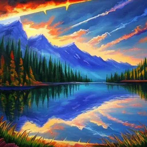 Prompt: bob ross style painting sunrays over mountain lake