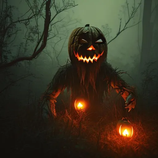 Prompt: Jack O' Lantern monster sneaking in the woods at night, full shot. Horror mood, haze, fog, hyperreal, ultra-detailed, cinematic light, cinematic light, cinematic red light, realistic, 3d render, highly detailed face, natural looks.