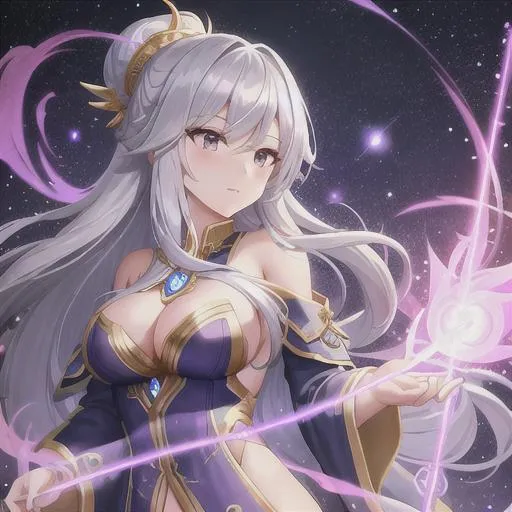 Prompt: Pretty, Young Female Mage, silver hair, wearing Ornate and Highly Detailed Robes, While she is Casting fire magic, Background Night sky
