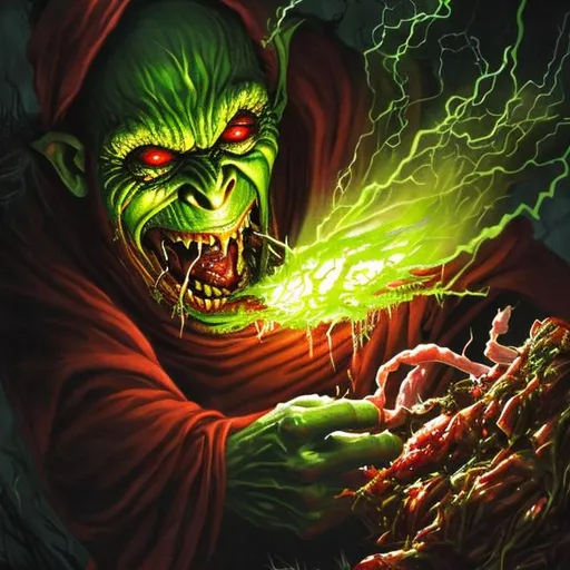 Prompt: green-skinned goblin wizard eating bloody meaty flesh, dark fantasy, dark red background with red lightning, electric glowing red eyes, tattered dark red robes