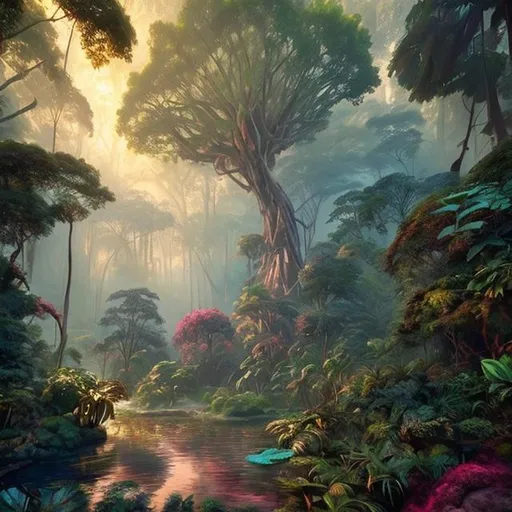 Prompt: Rainforest, giant trees, + dreamy natural colors, painting by michealangelo, dreamy colors, intricate details + diffused light + fantasy painting + surrealistic + ultra realistic + unreal engine