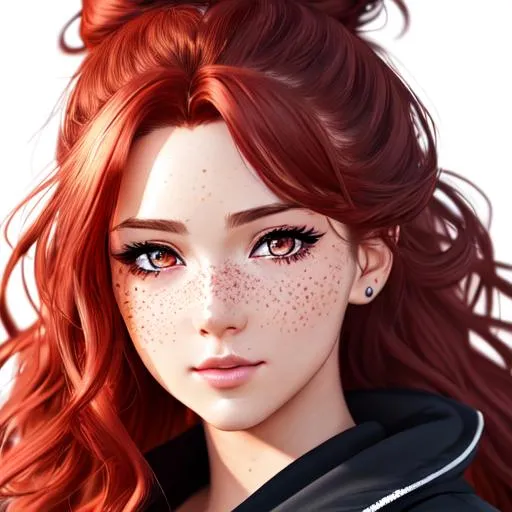 Prompt: extremely realistic, hyperdetailed, long crimson wavy hair in a messy bun anime girl, face full of freckles, mechanics, highly detailed face, highly detailed eyes, highly detailed body, full body, whole body visible, full character visible, soft lighting, high definition, ultra realistic, 2D drawing, 8K, digital art