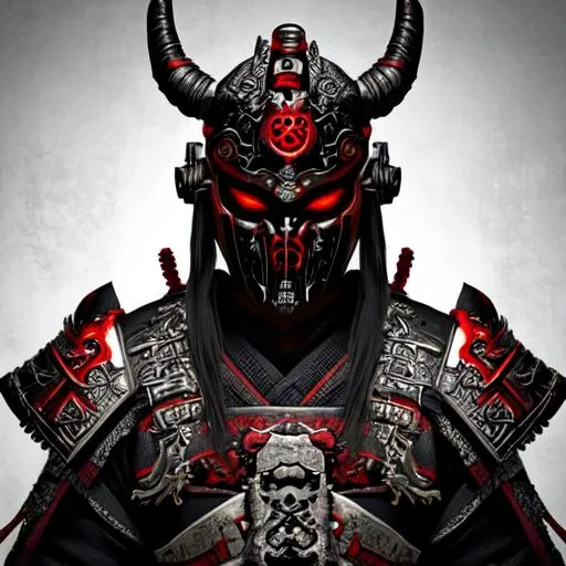 Prompt: Futuristic samurai, intimidating, intricate, detailed, wearing Diablo mask, deadly, dark backround