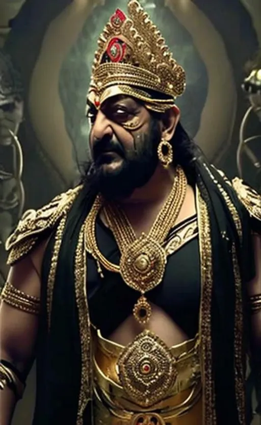 Prompt: Show actor Sanjay Dutt as In Ravana looks with crown on head and long hairs