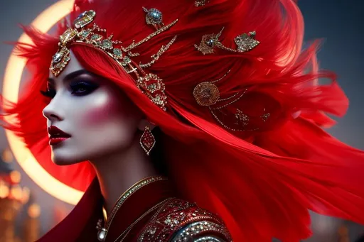 Prompt: stunning red dancer, head-on, detailed face, high fashionista pose, glossy, walking toward viewer, cinematic, monarchy, dramatic jewelry, statement necklace, surreal cartoon, background is architecture lit by the moon,  trending on artstation