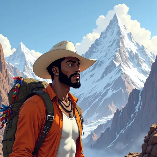 Prompt: @TRzJfEbYXKjmZAhFV8fB  treks alone through the Himalayas, heavy pack on his back, prayer flags whipping in the wind. His beard is rough. His mind is clear. Each step is a prayer, not for answers — but for better questions.