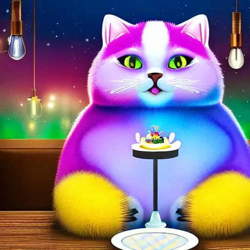 colorful elegant obese anthropomorphic cat, seated a...