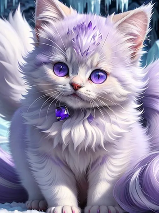 Prompt: (masterpiece, professional oil painting, epic digital art, best quality, UHD:1.5), tiny ((kitten)), ice elemental, silky silver-lilac fur covered in frost, timid, ((insanely detailed alert amethyst eyes, sharp focus eyes)), gorgeous 8k eyes, fluffy silver neck ruff covered in frost, two tails, (plump), extremely beautiful, fluffy chest, enchanted, magical, finely detailed fur, hyper detailed fur, (soft silky insanely detailed fur), presenting magical jewel, moonlight beaming, starry sky, frolicking in frosted meadow, grassy field covered in frost, cool colors, professional, symmetric, golden ratio, unreal engine, depth, volumetric lighting, rich oil medium, (brilliant auroras), (ice storm), full body focus, beautifully detailed background, cinematic, 64K, UHD, intricate detail, high quality, high detail, masterpiece, intricate facial detail, high quality, detailed face, intricate quality, intricate eye detail, highly detailed, high resolution scan, intricate detailed, highly detailed face, very detailed, high resolution