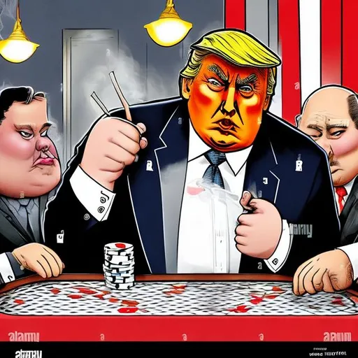 Prompt: Dark, dank and dim, smokey, Obese Trump playing poker with his gang of Russian mobster with Putin in a smoky den, too long red tie, navy blue suit, Prohibition Speak-easy Scene, muted dark colors, Sergio Aragonés MAD Magazine cartoon style 