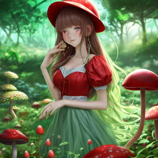 Prompt: a photorealistic anime girl standing in a red mushroom garden with a nice green flowy dress on
