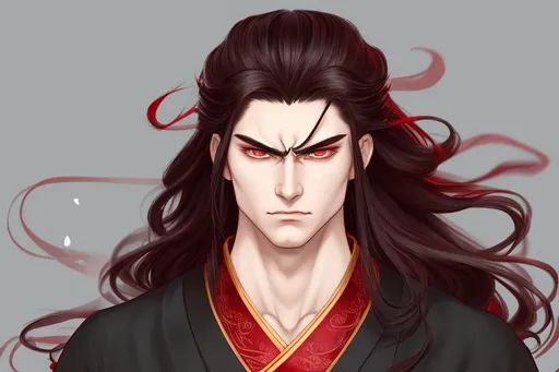 Prompt: best quality, drawing,
a delicate and beautiful man ,wavy long hair, clean shaven,
red eyes,Hairstyle with design, Angry
,Red and black Hanfu,(upper body:1.1), real texture