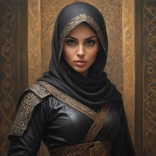 Prompt: Middle Eastern medieval thief, oil painting, simple black leather attire, high quality, realistic, warm tones, dramatic lighting, intricate patterns, intense gaze, confident stance, skilled, professional, female, detailed facial features, medieval, stealthy, traditional, ornate dagger, textured fabric, ancient civilization, black veil