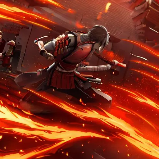 samurai fight with fire in the background