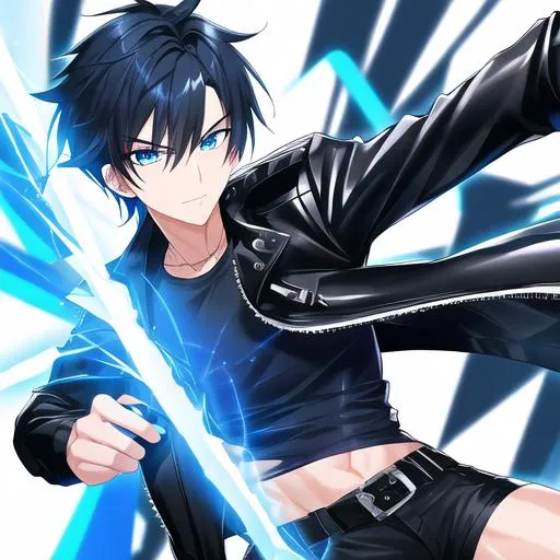 Prompt: Tetsu 1male. Short black hair with vibrant streaks of electric blue, that gives off an eye-catching look. Soft and mesmerizing blue eyes. Wearing a black leather jacket with a dark gray t-shirt underneath that adds a subtle contrast to the outfit. Cool and edgy, black skinny jeans. Holding a camera. UHD, 8K, photography equipment in the background