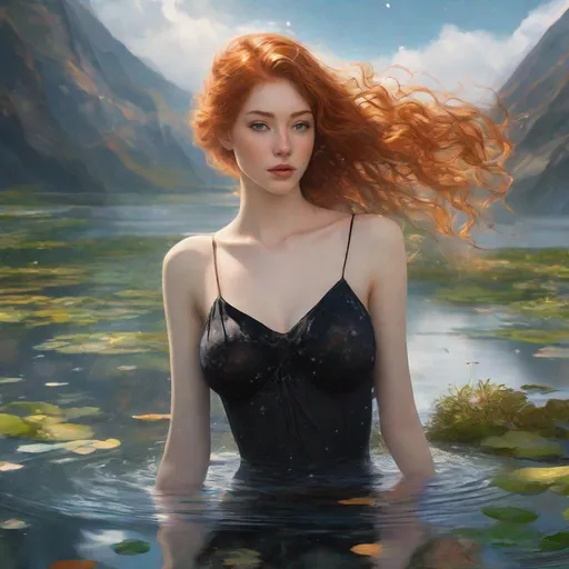 Prompt: Skinny, 23 years old, long wavy ginger hair, freckles, pale, taking bath in magic transparent pond, black skirt, black bra, detailed head and shoulders  painting of a skyscraper-size, colossal, giantess, gorgeous goddess, stunning body, her hair is made out of clouds, her body is made out of mountains, her clothes are made out of hills, fields,Highly detailed photo realistic digital artwork. High definition. Face by Tom Bagshaw and art by Sakimichan, Android Jones" and tom bagshaw, BiggalsOctane render, volumetric lighting, shadow effect, insanely detailed and intricate, photorealistic, highly detailed, artstation by WLOP, by artgerm