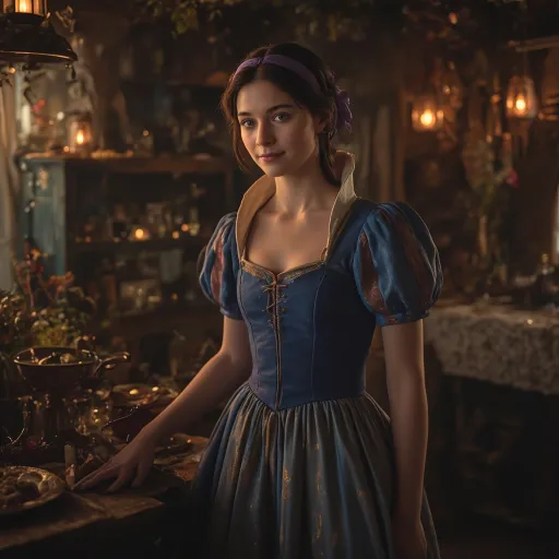 Prompt: A full-length portrait of teenage Snow White standing inside the kitchen of the Dwarves' forest cottage, styled with the delicate, hyper-realistic painterly look of a Renaissance-inspired fairytale painting. An 18-year-old teenager, she has striking, wide cerulean blue eyes, a porcelain complexion that practically glows, highlighting her rosy cheeks, and dark hair tied back with soft purple ribbons. Her expression is a smiling with a touch of seductive innocence. Her dress highlights her cleavage and is a modern fairytale reinterpretation: flowing, rustic yet elegant, in deep indigo and muted gold tones with subtle embroidery. The scene is set at twilight in a lush, enchanted forest cottage, with the warm glow of lantern light filling the cozy wooden cottage.  Style is hyper-detailed, cinematic, with soft lighting and magical realism. --v 5 --style painterly --lighting soft twilight --mood enchanted --focus full-body --environment forest cottage --texture realistic fabric and hair