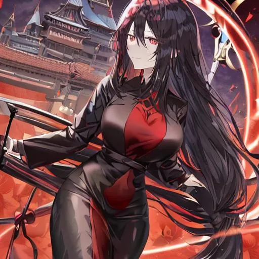 Prompt: ANIME | Mature young black long hair female with plain ruby eyes and a smile on her face, she's in a black suit of armor. She wears a halo of light, peach colored skin.

With a scythe being unsheathed on her hip by her.

She has an aura of red fire.

The background is a castle with the moon in the back. glowing green spirits surrounding her.

Detailed, Defined colors, Sharp lines, Full body


