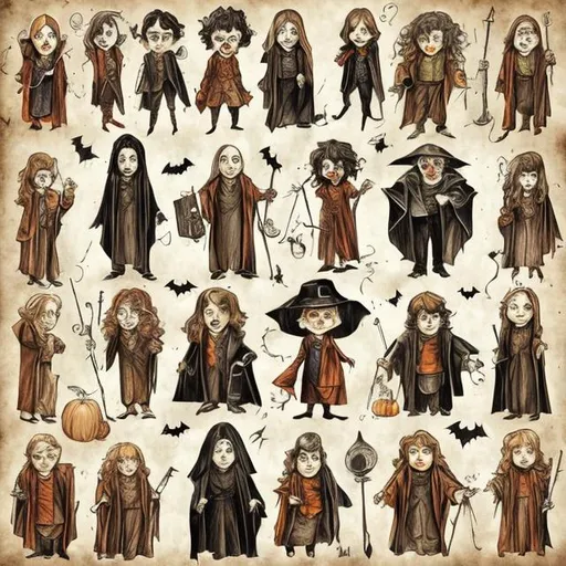 Prompt: harry potter characters created in a line drawn vintage halloween style.