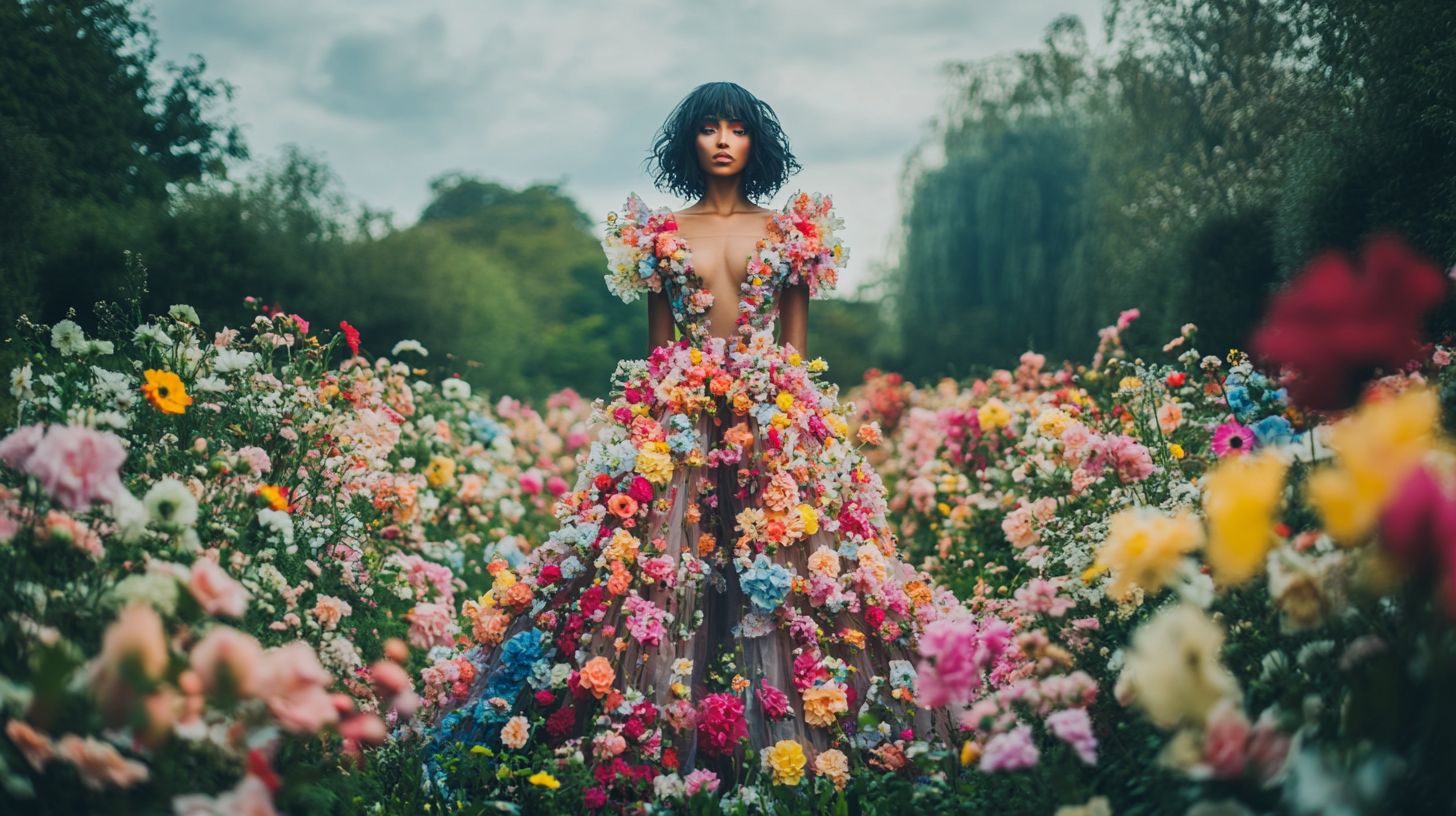 Prompt: A photograph of a sci fi high-fashion photoshoot set in the middle of Monet's garden. The model stands, looking directly at the camera. She is wearing an impressive haute couture Sci Fi gown made entirely of little small colorful flowers. The dress is made by transparency of the organza and has little flowers all over the dress, Modern and romantic design, creating a dramatic contrast against the environment. Hyper-realistic model.