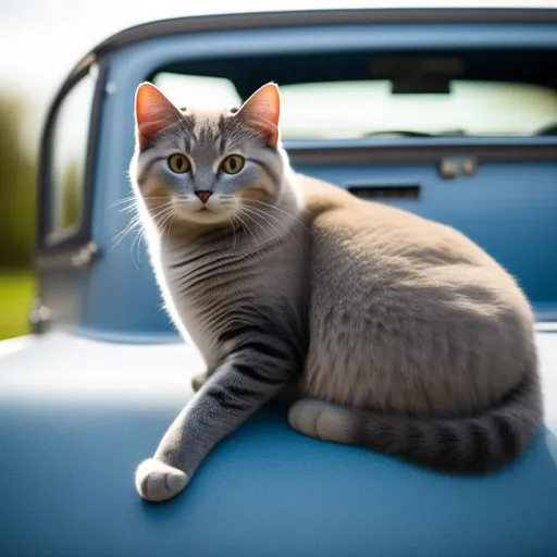 Prompt: 4k resolution, highly detailed pictures, perfectly drawn object, A photo of bluish grey cat sit on car hood
