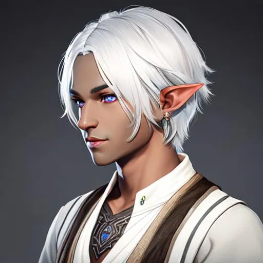 Prompt: half body portrait, male, drow, elf, ((gray skin:0.6)), detailed face, detailed eyes, full eyelashes, ultra detailed accessories, detailed village, village worker, background, simple apron, short messy hair, white hair, dnd, artwork, fantasy ,inspired by D&D, concept art, ((looking away from viewer)), ((muted colors)), ((faded colors)), art inspired by Agnes Cecile