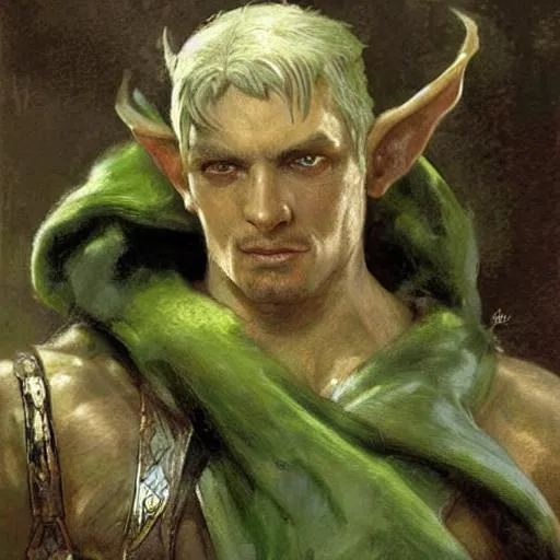 Prompt: medieval, ugly muscular male half elf character design, grey hair, green eyes, painting by gaston bussiere, craig mullins, j. c. leyendecker