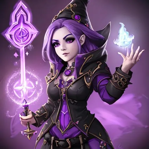 Prompt: female necromancer summoner gnome with purple hair