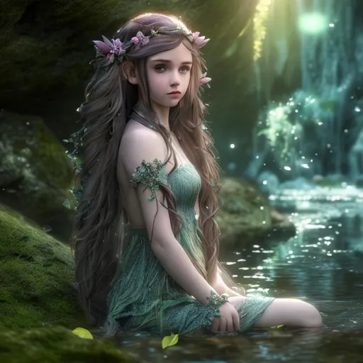 Prompt: UHD, environment, bloom, leavvess, By a river, Highly detailed, HD colour, Young girl, iridesence, elf ears, flowing hair