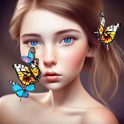 Prompt: Beautiful girl side face with butterflies  hyperrealistic 