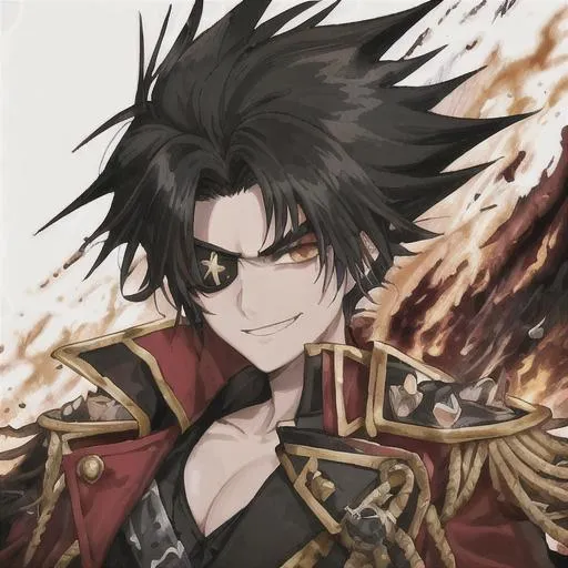 Prompt: messy black hair, short spiky black hair, brown eyes, red open coat, yellow epaulettes with skull emblem, fire magic, saber, black pirate eyepatch, pirate captain, anime, spiky hair tuff, confident smile, red outfit