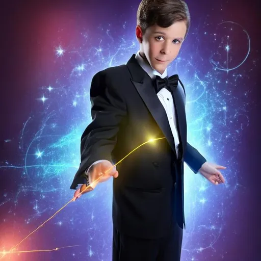 Prompt: 26 year old boy in a tuxedo pointing a magic wand and casting a spell. Sparkling magic flys out of the top of his magic wand in the direction he pointed it in
