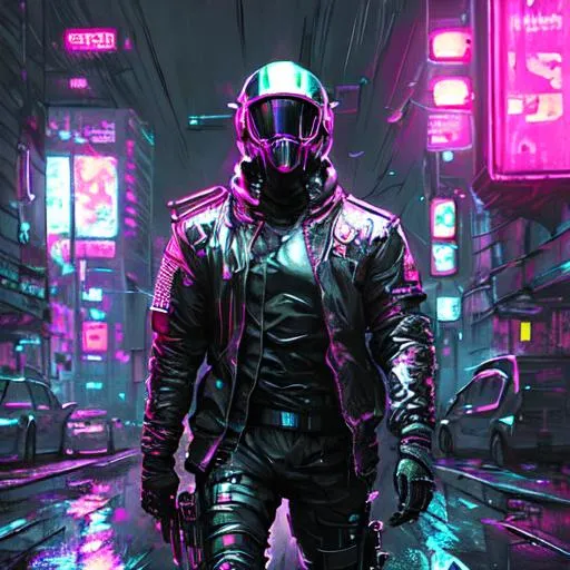 Prompt: UHD, , 8k, high quality, neon lighting, cyberpunk, hyper realism, Very detailed, male futuristic assassin, he is wearing a armor plated suit, he is standing in a city street, wearing helmet