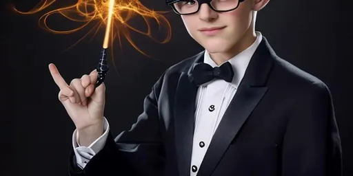 Prompt: 13 year old boy in a tuxedo casts a spell with his magic wand