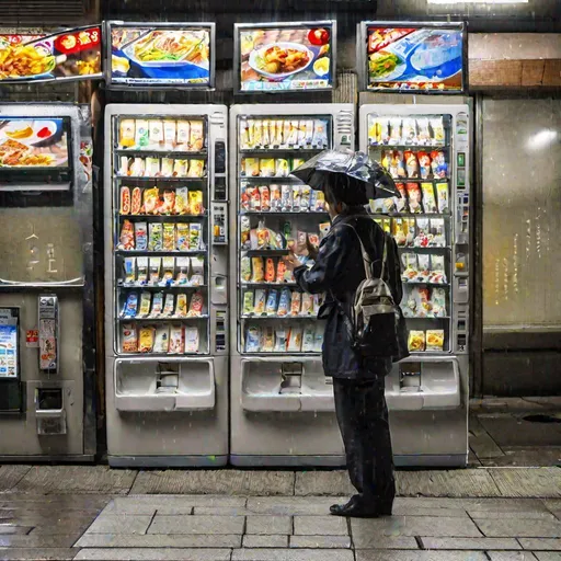 Prompt: vending machine restaurant. osaka, japan. raining. early morning sunlight through the window. one customer. putting money in machine. 