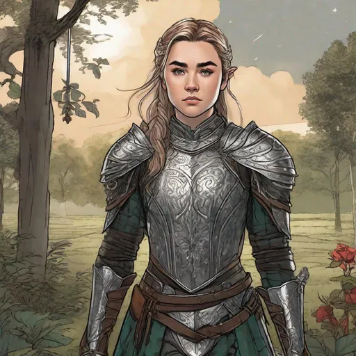 Prompt: Florence Pugh as a young elf with long elf ears. knight in silver armor. Pointed ears. She wields a two handed sword. well draw face, detailed. In background a southern Plantation. Changeling the Dreaming art. Rpg art. 2d art. 2d. well draw face. Detailed. 