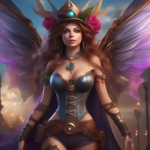 Prompt: Epic, Cinematic, 4k, 8k,  Detailed Illustration. Wide angle. Full body shot. Hyper realistic painting. Photo real. She's a beautiful, shapely woman with immaculate hand anatomy, and with vividly colored, bright eyes. Shes a Steam Punk, gothic style witch. A distinct Winged fairy, with a skimpy, colorful, gossamer, flowing outfit. On a picturesque Halloween night. standing in a forest by a village. Octane render. Concept art style. Matte painting.