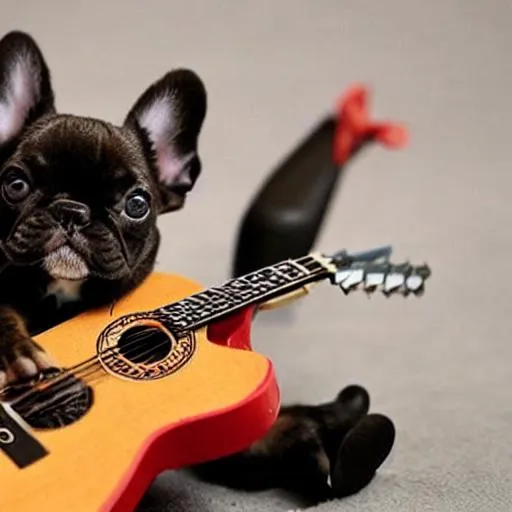 Prompt: tiny cute french bulldog playing a guitar toy
