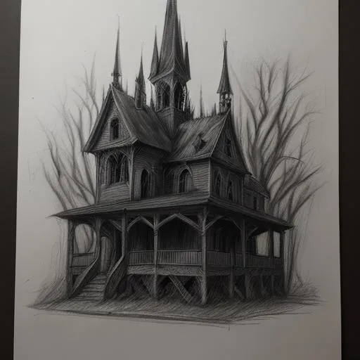 Prompt: Haunted house in a wood Gothic Charcoal sketch