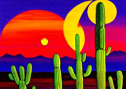 Prompt: one drawn green saguaro cactus with three stems with a red blood moon as the sunset with a orange backround professional 