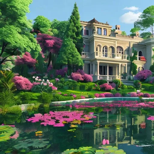 Prompt: A Mansion with trees, flowers and a pond