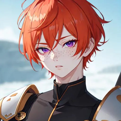 Prompt: Erikku male adult (short ginger hair, freckles, right eye blue left eye purple) UHD, 8K, Highly detailed, insane detail, best quality, high quality, anime style