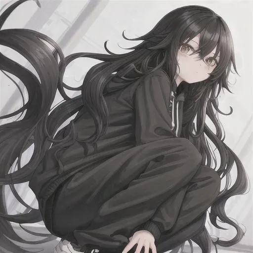 Anime girl, long messy brown hair, all black clothes, cute