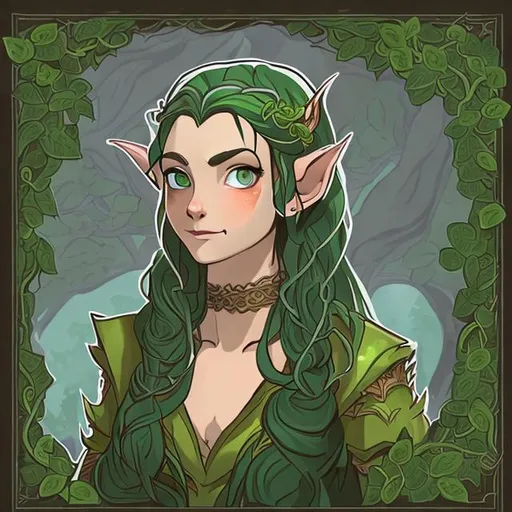 Prompt: A portrait for a Dungeons and Dragons character sheet that is a 21-year-old Half-Elf druid with green hair and vines and leaves in her hair. The background is an elven forrest.